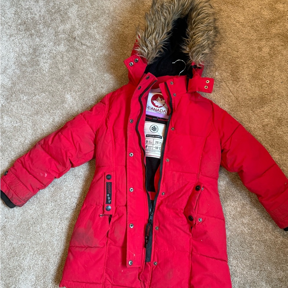 Kids Canada Goose Red Parka with Fur Trim